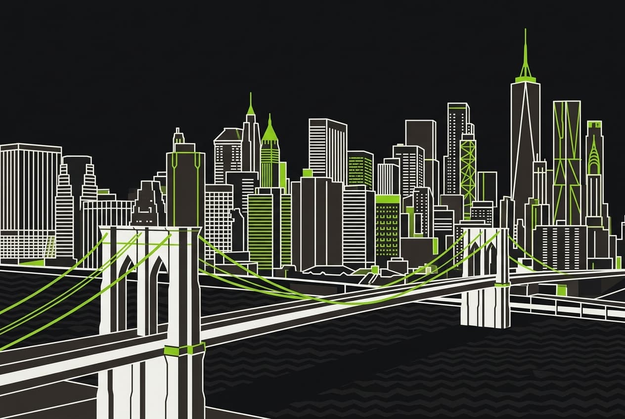Flat illustration of a bridge connecting a modern city skyline with skyscrapers on the other side of a river.