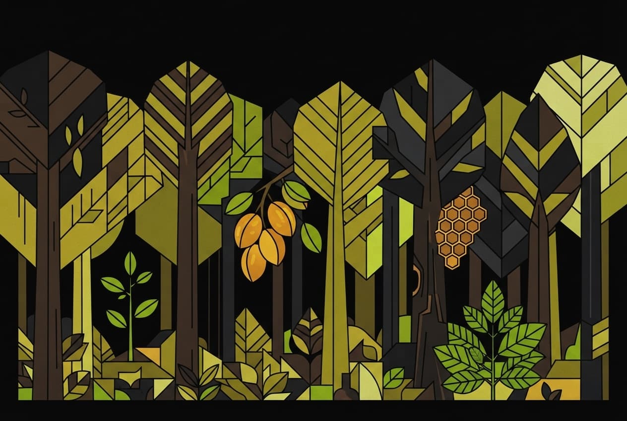 Flat illustration of tree, seedling, fruit, honeycomb, medicinal plant