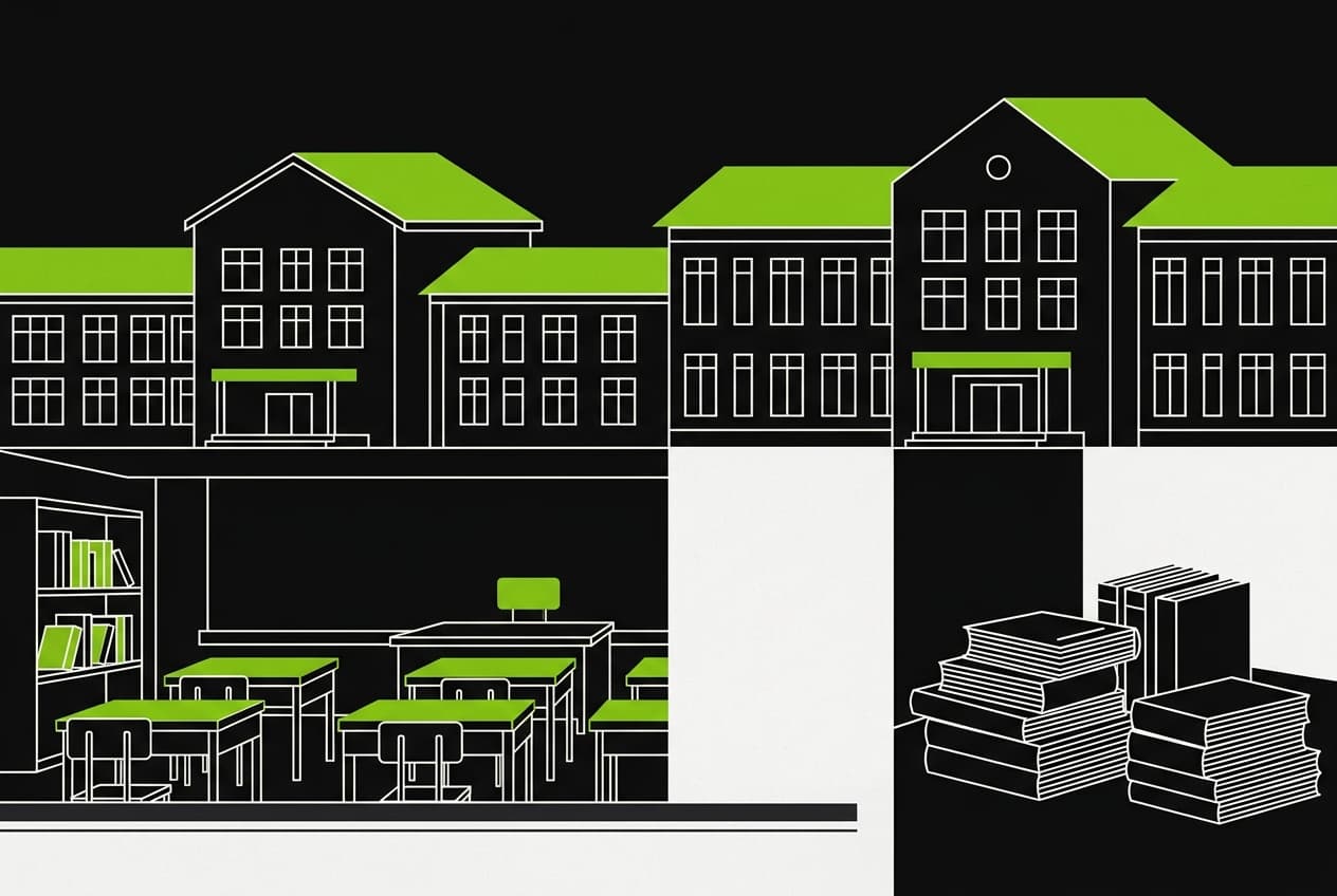 Flat illustration of school buildings with empty classrooms and dusty textbooks.