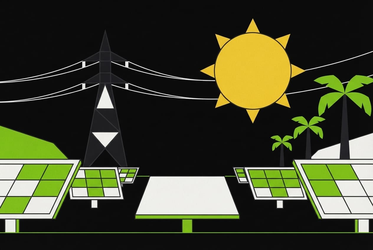 Flat illustration of solar panels, sun, transmission tower, power lines, palm trees, horizon