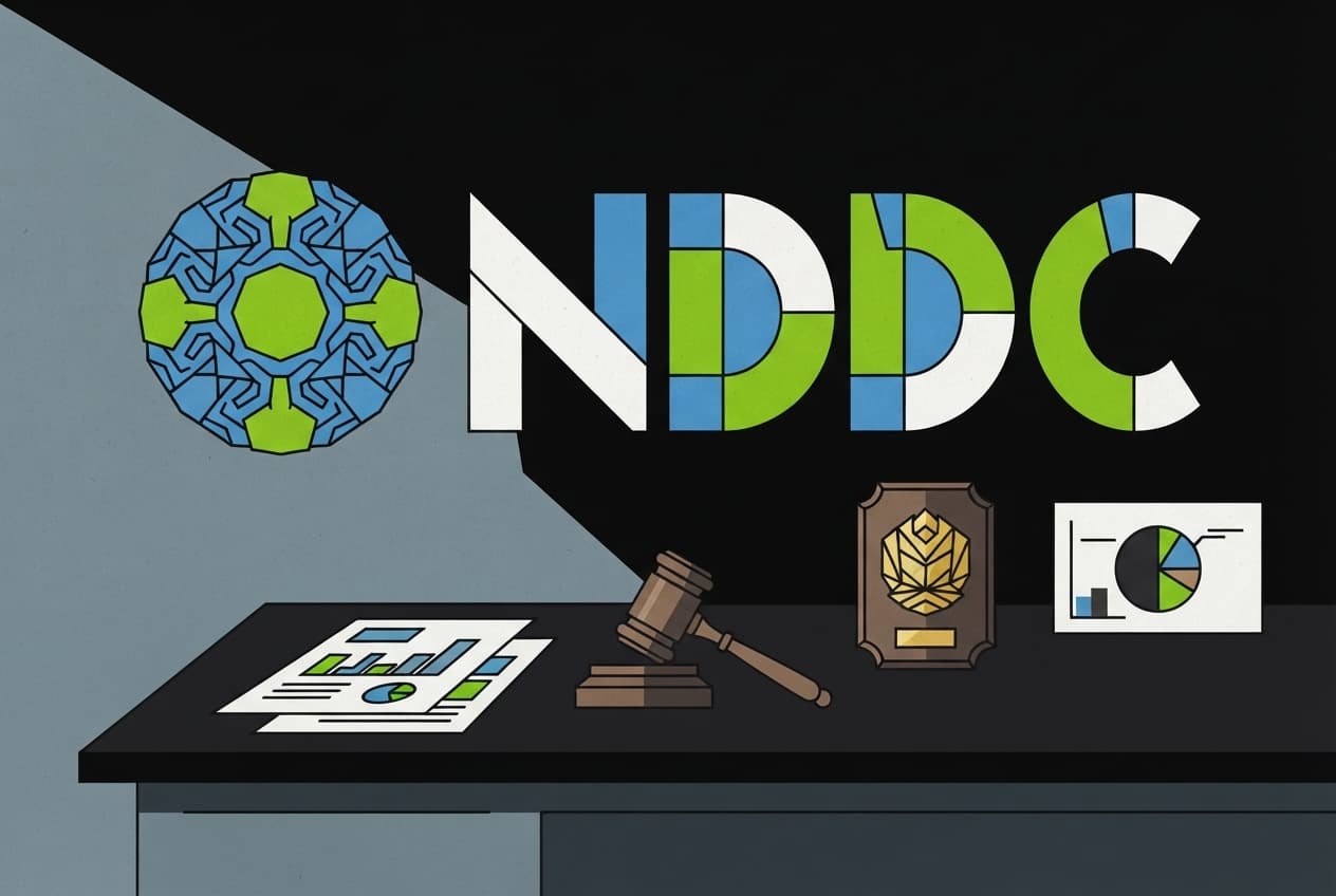 Flat illustration of Desk, document, gavel, plaque, chart