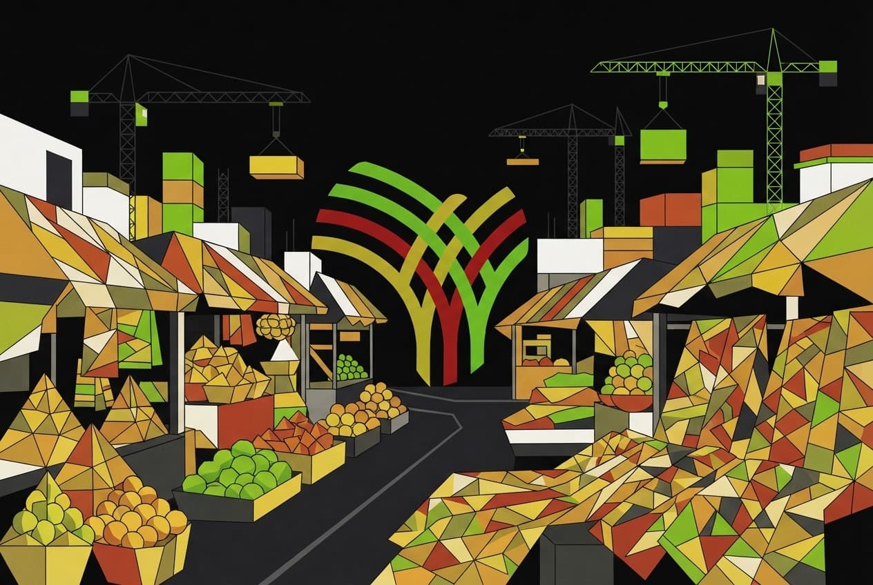 Flat illustration of Market stalls, Textiles, Produce baskets, Construction cranes, Roads