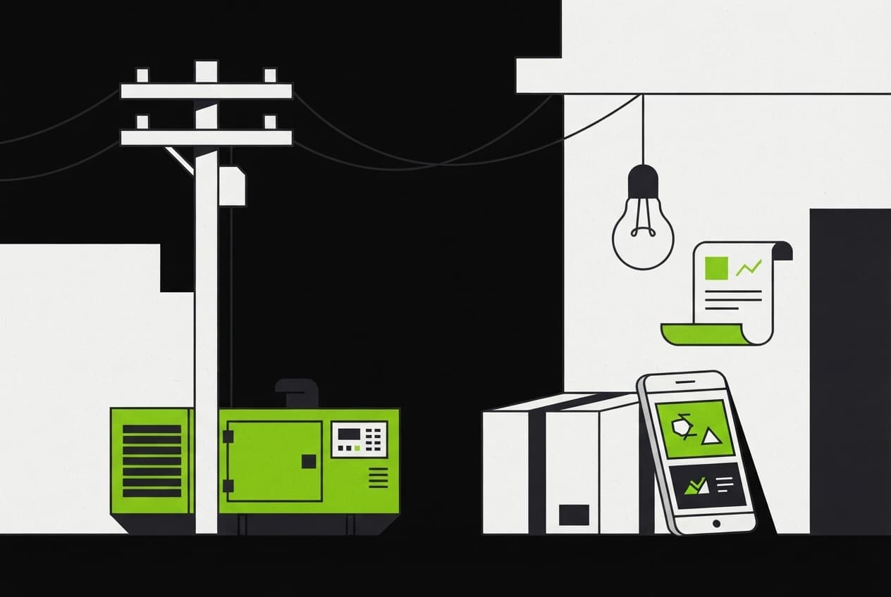 Flat illustration of Delivery box, Electricity pole, Generator, Smartphone, Unlit bulb, Report scroll