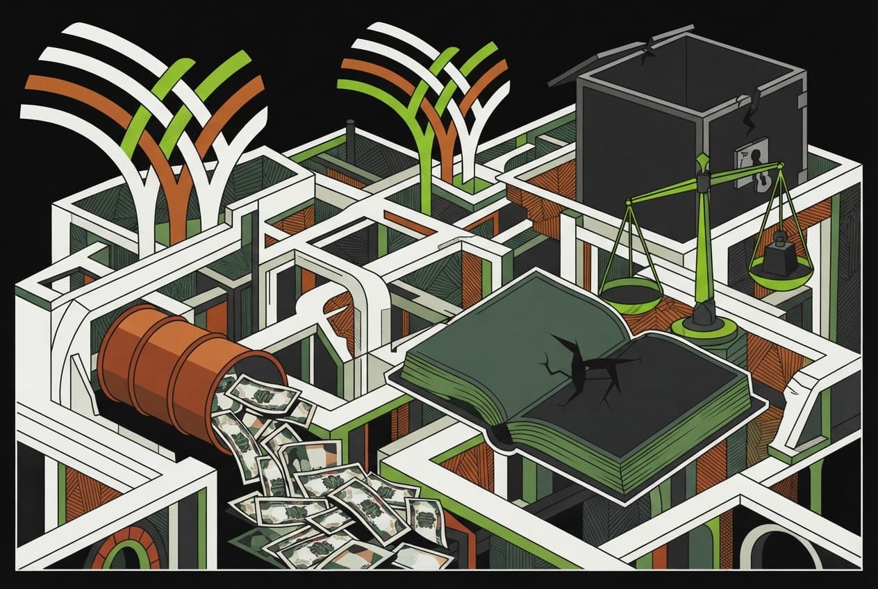Flat illustration of Naira notes, Ledger, Broken scales, Oil barrel, Empty strongbox