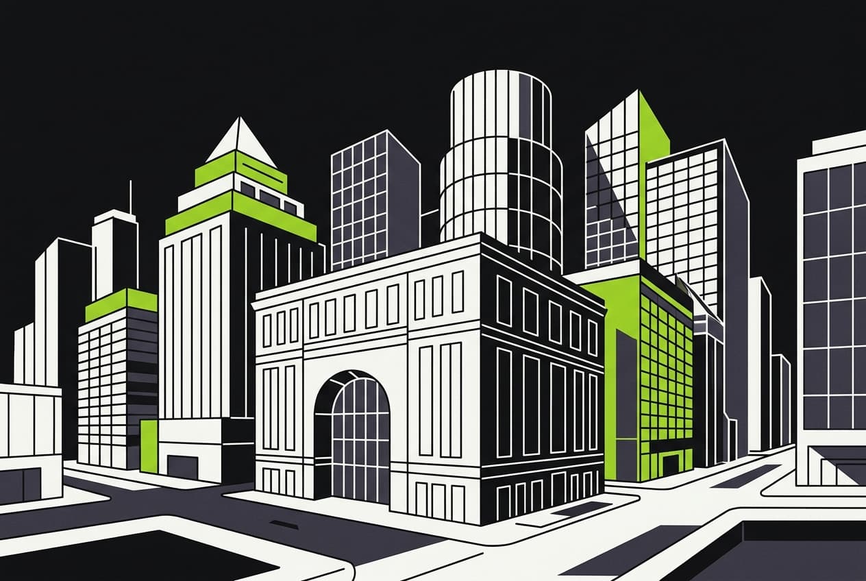 Flat illustration of a bustling financial district with towering skyscrapers, a stock exchange building, and a prominent bank building.