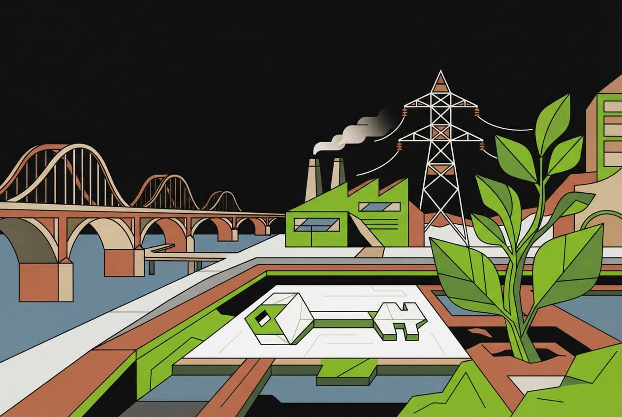 Flat illustration of Bridge, Power pylon, Factory building, Key, Growing plant