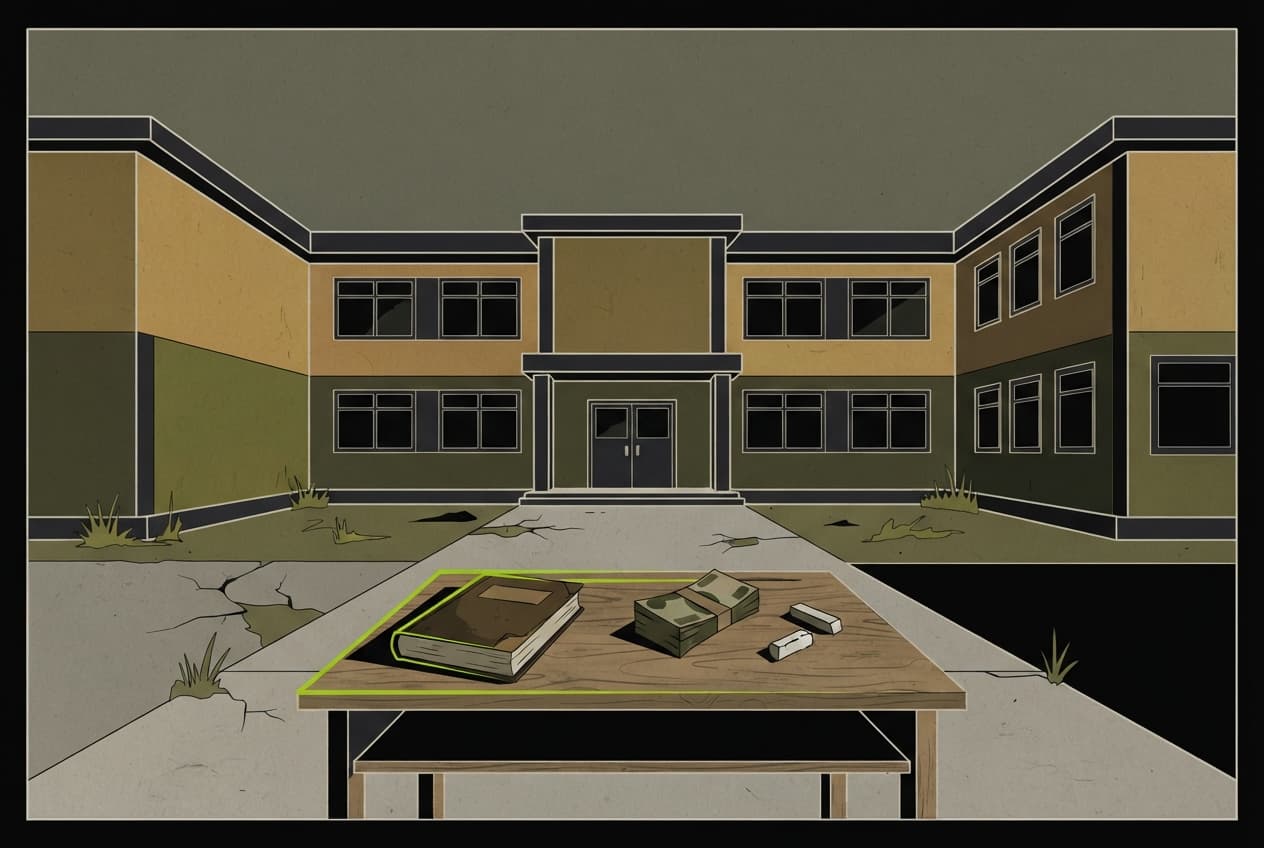 Flat illustration of Textbook, School desk, Naira notes, Broken chalk