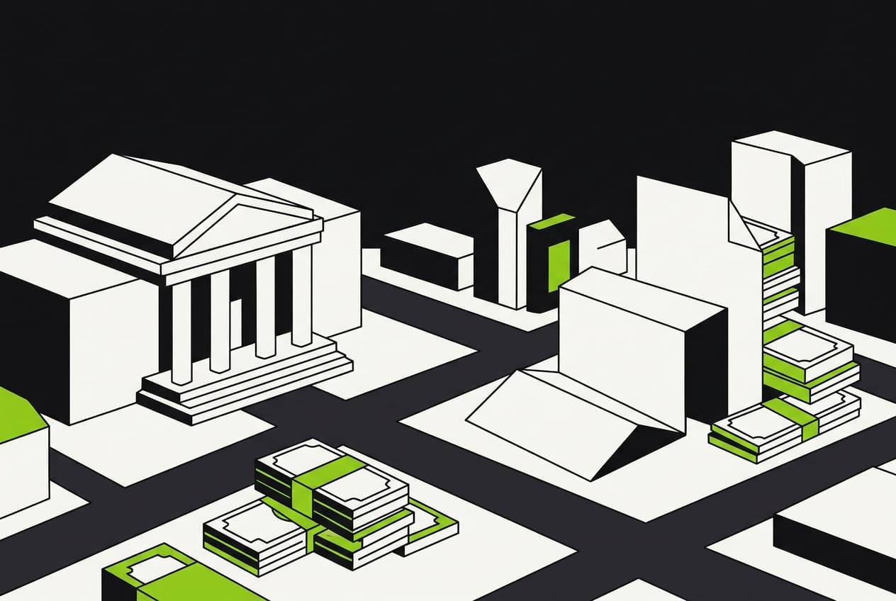 Flat illustration of Nigerian government buildings with tax forms, currency, and roads.