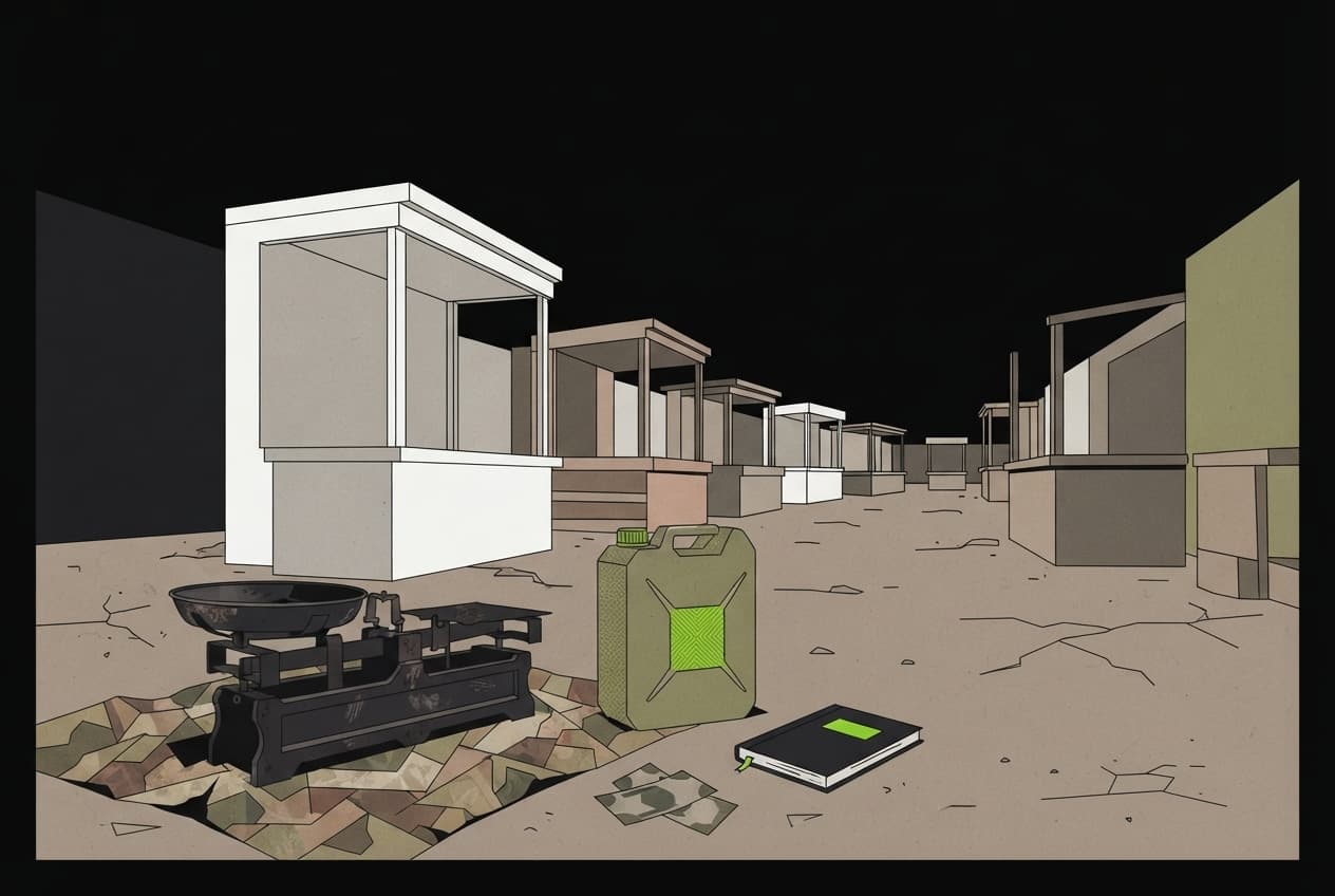 Flat illustration of Naira notes, jerrycan, empty market stall, worn fabric, ledger, market scale