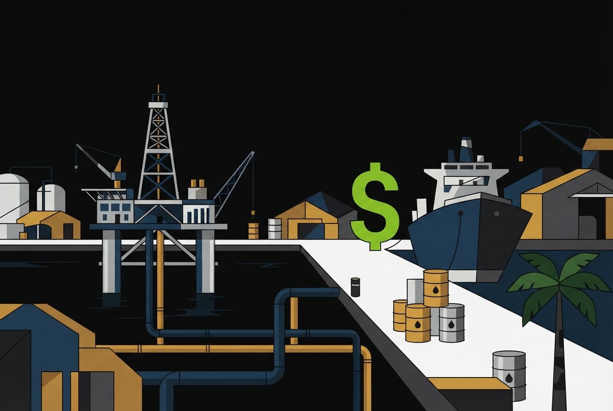 Flat illustration of Oil rig, Gas pipeline, Oil barrel, Shipping vessel, Palm tree, Currency symbol