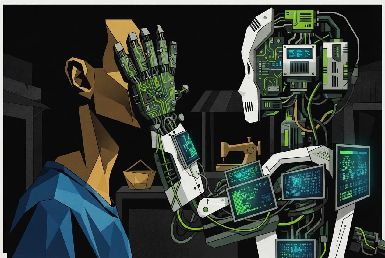Flat illustration of Circuit board, Sewing machine, Empty market stall, Basket, Digital screen