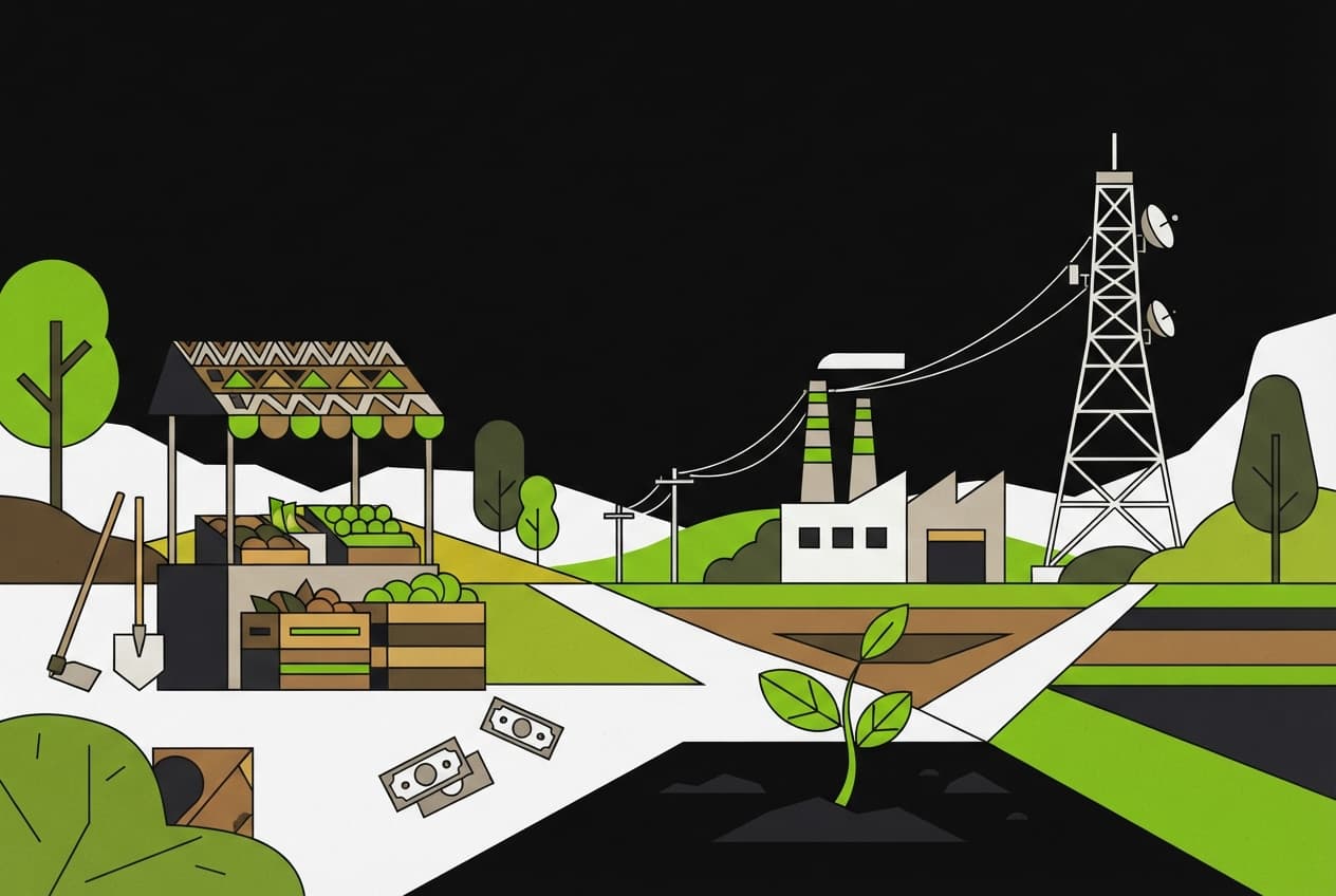 Flat illustration of market stall, network tower, farm tools, factory building, seedling, currency notes