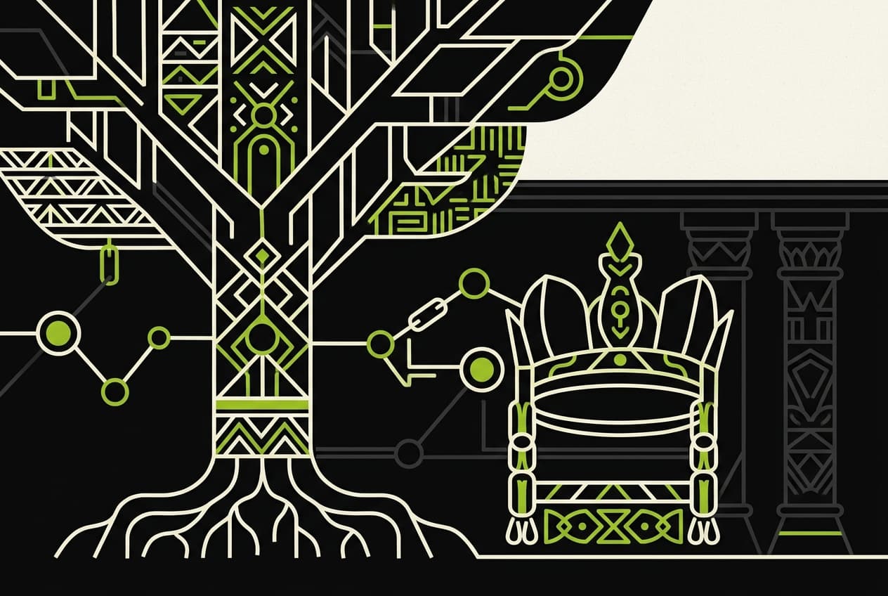 Flat illustration of a royal house in Lagos, with genealogical charts and symbols representing ancestry and the diaspora.