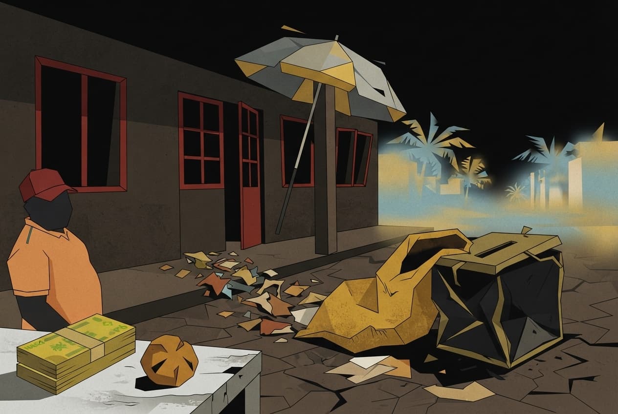 Flat illustration of Ballot box, Empty sack, Mirage, Naira notes, Kola nut