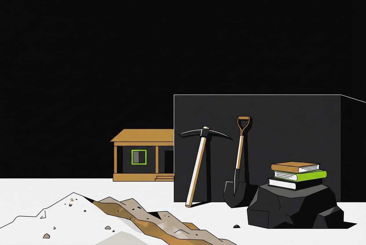 Flat illustration of School building, Pickaxe, Shovel, Books, Rock, Dust