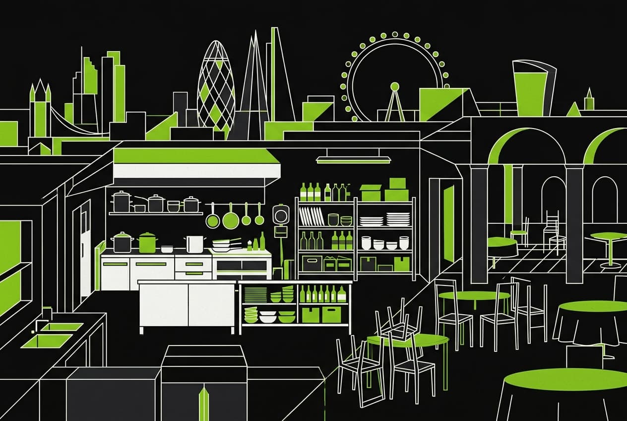 Flat illustration of a restaurant kitchen with shelves of ingredients, a hotel facade, and a London skyline in the background.