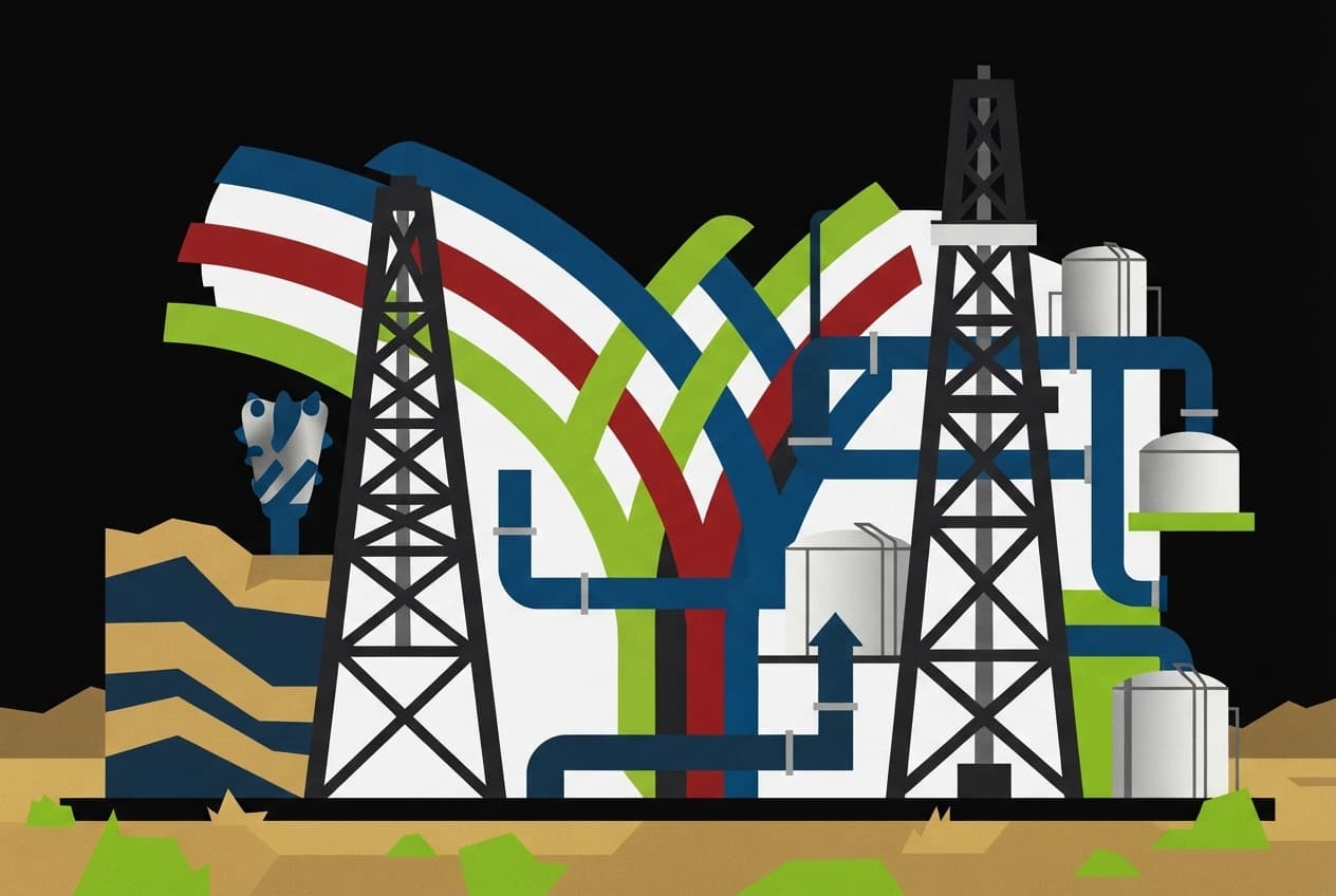 Flat illustration of Oil rig, Pipeline, Storage tank, Drill bit, Geological map, Desert scrub