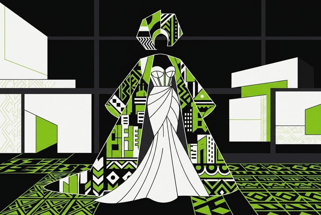 Flat illustration of a wedding dress, Lagos skyline, and haute couture elements.