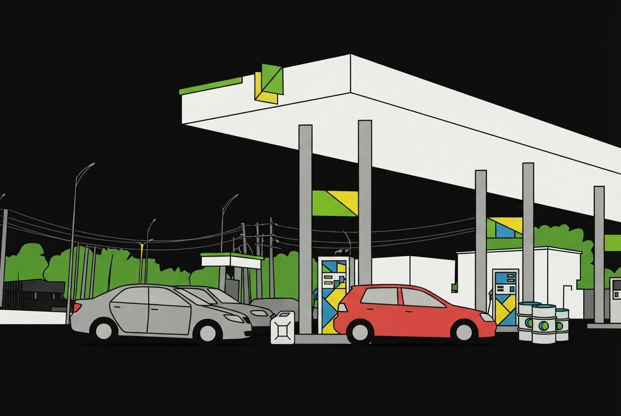 Flat illustration of Fuel pump, Jerrycan, Price display, Oil barrel
