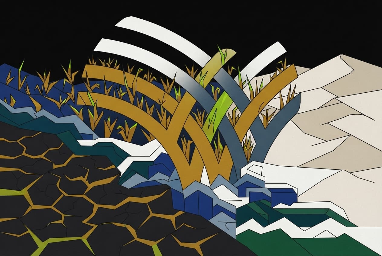 Flat illustration of Cracked earth, Rising water, Withered crops, Sand dunes