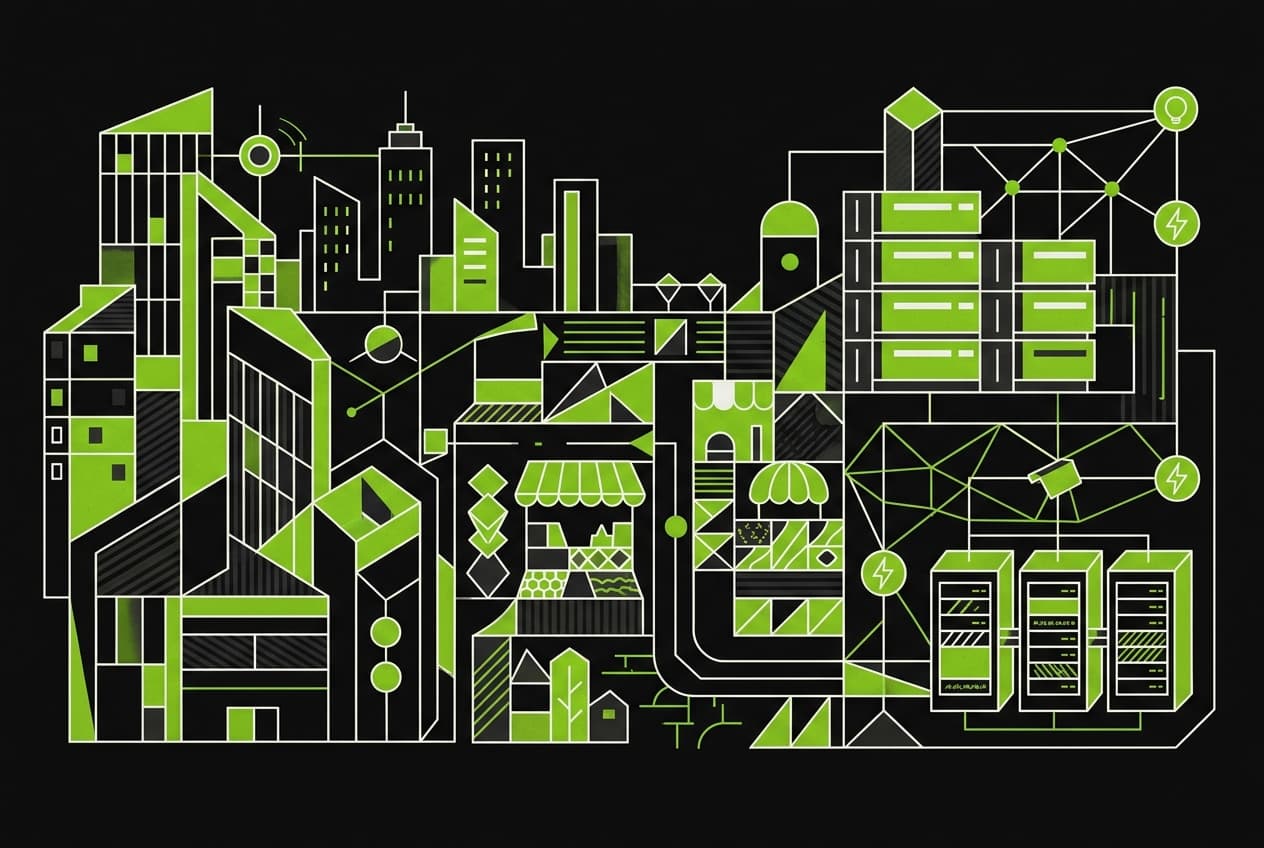 Flat illustration of office buildings, a city skyline, a marketplace, and a data center.