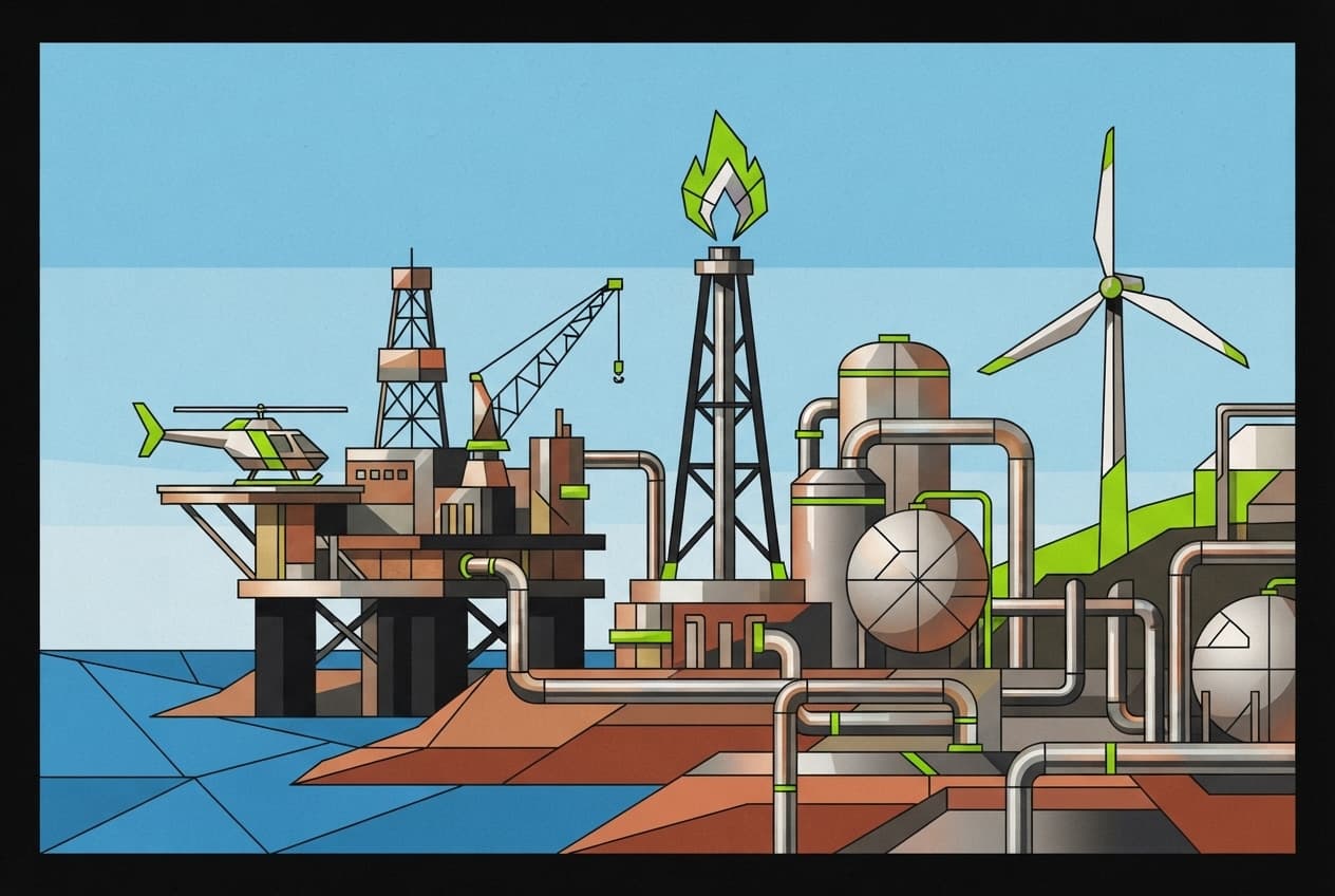 Flat illustration of Oil barrel, Gas flare, Pipeline, Wind turbine, Storage tank