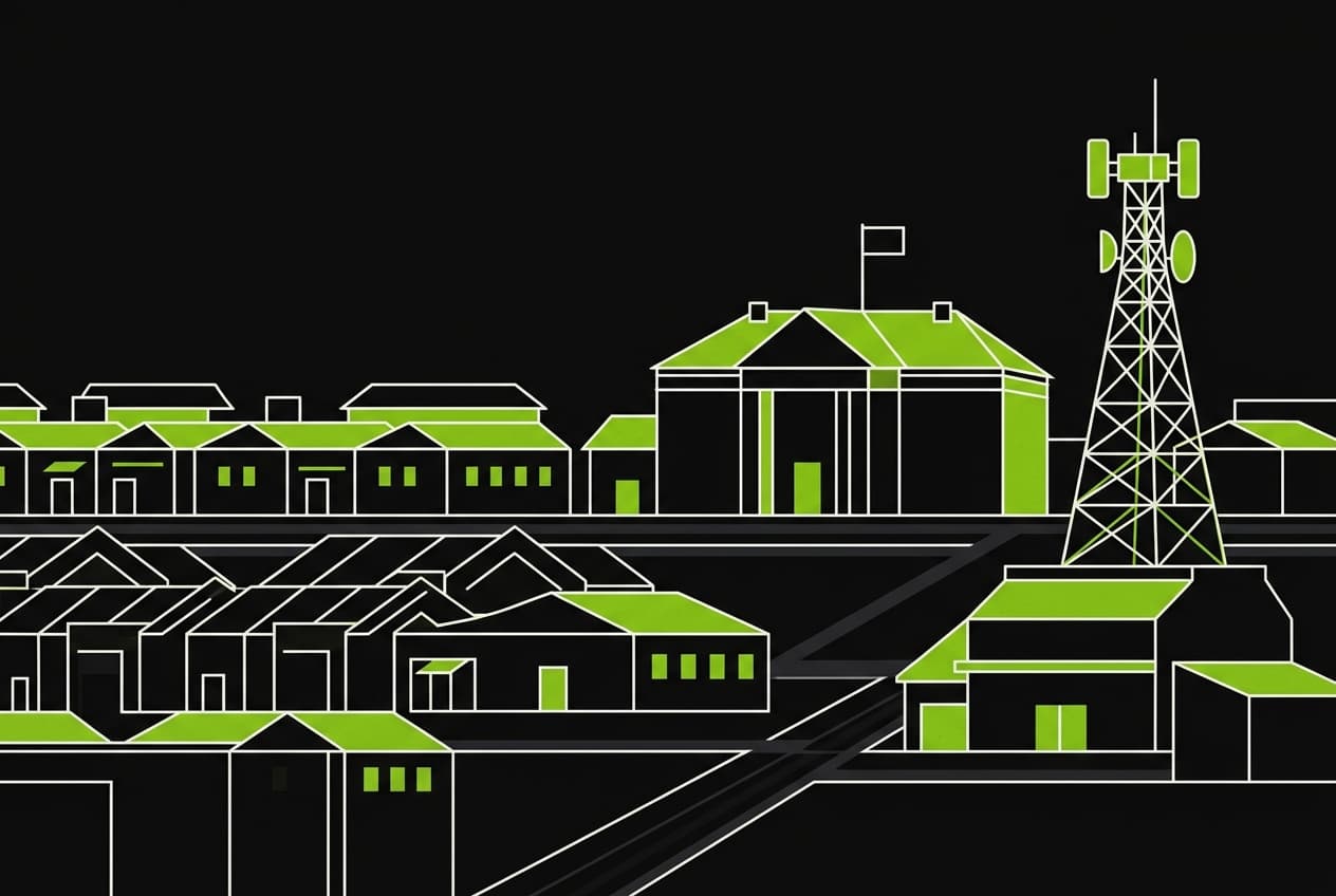 Flat illustration of military barracks, a radio station, and a presidential residence.