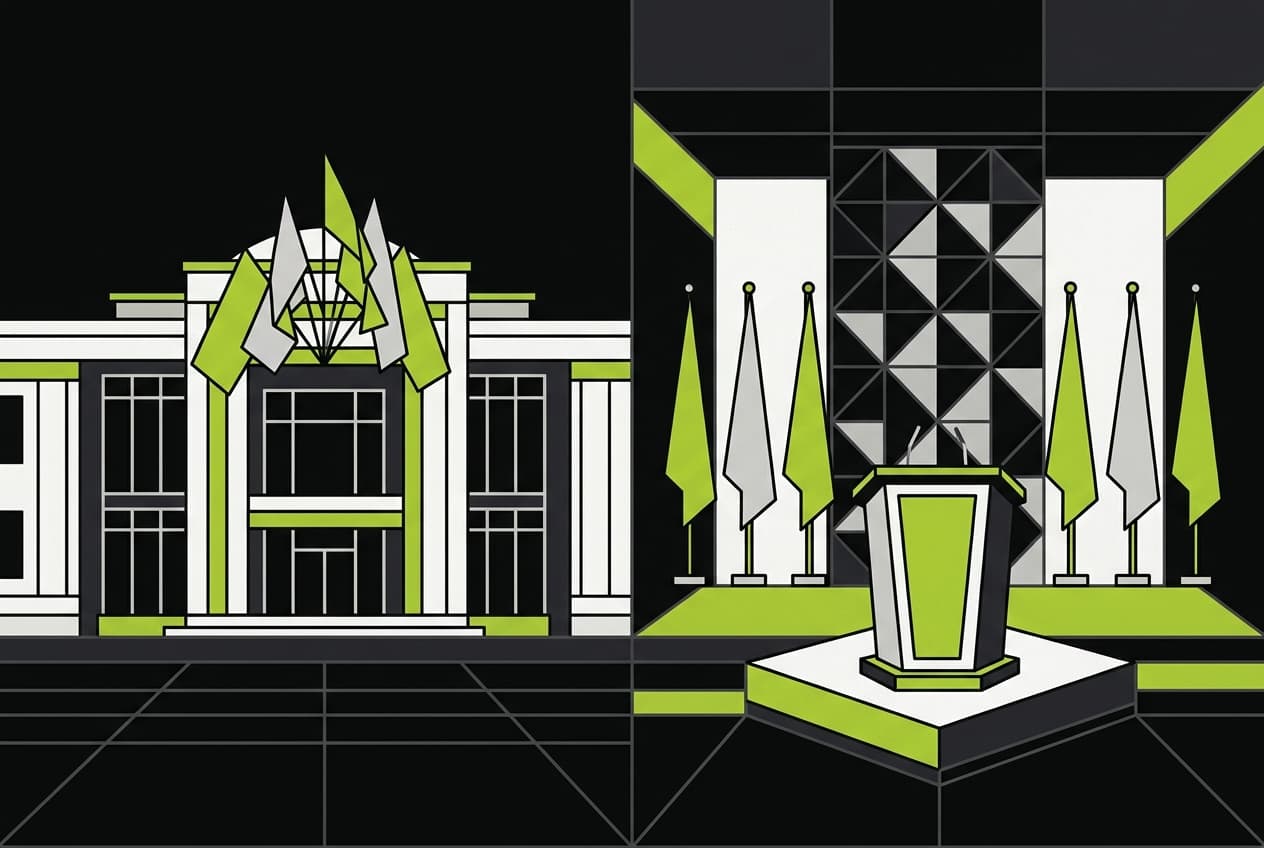 Flat illustration of a government building with a conference hall and podium, decorated with flags.