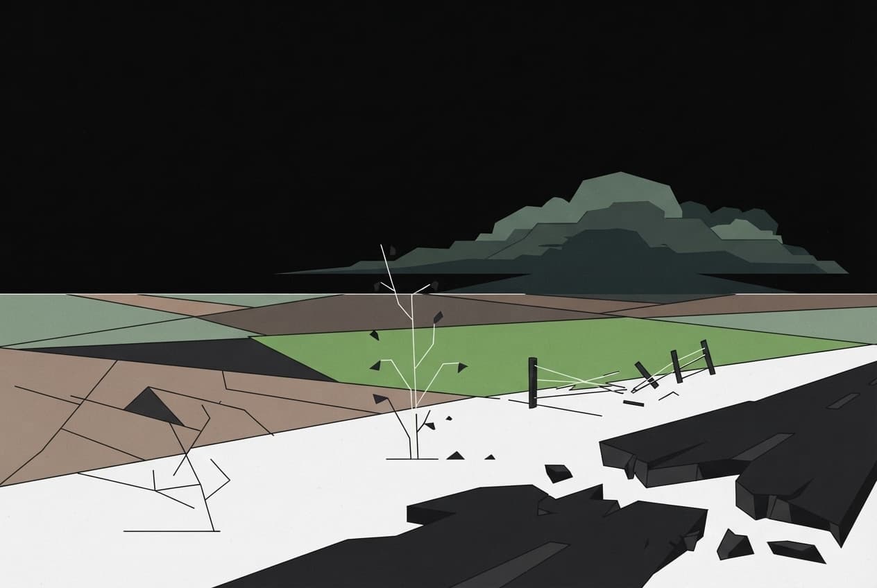 Flat illustration of Farmland, Unfinished road, Distant storm cloud, Withered plant, Broken fence