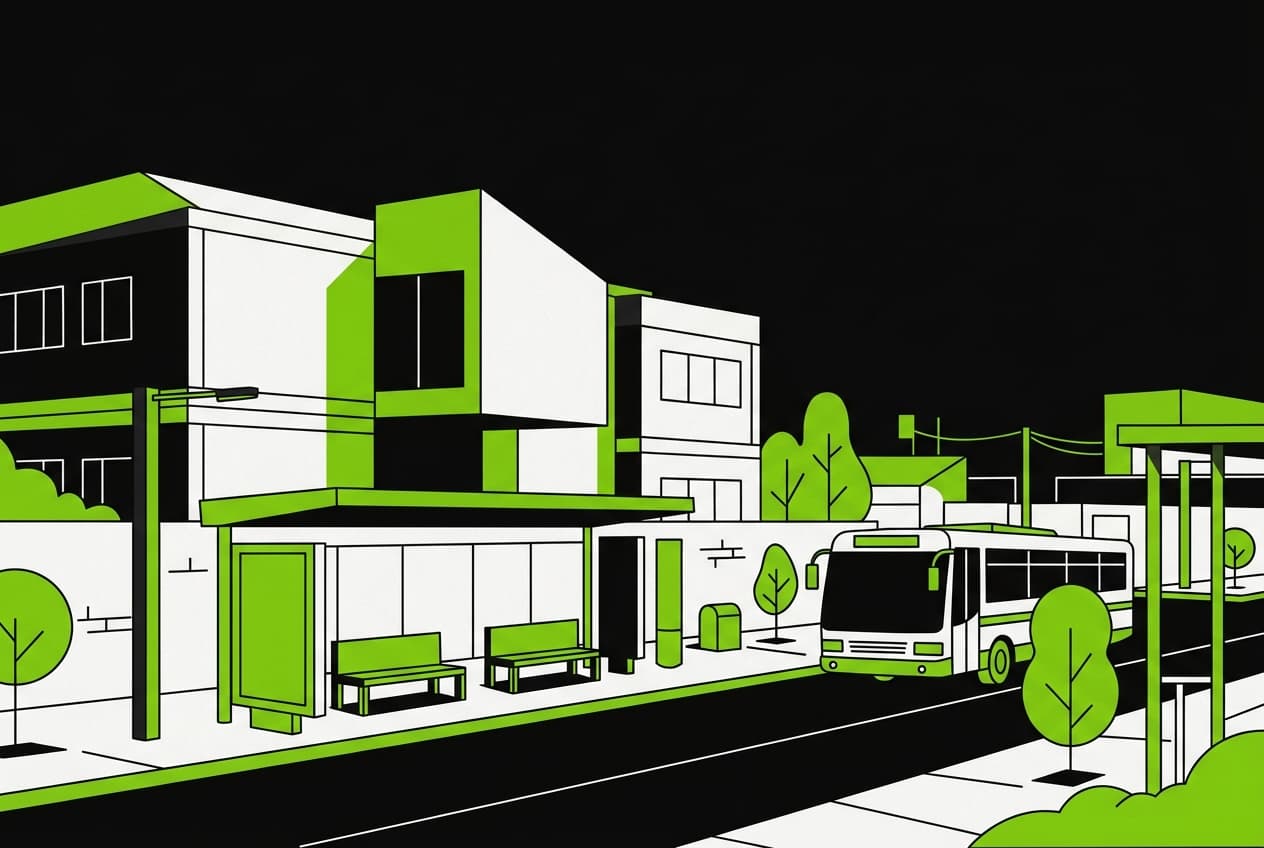 Flat illustration of a school building on a street in Lagos, with a bus stop nearby.