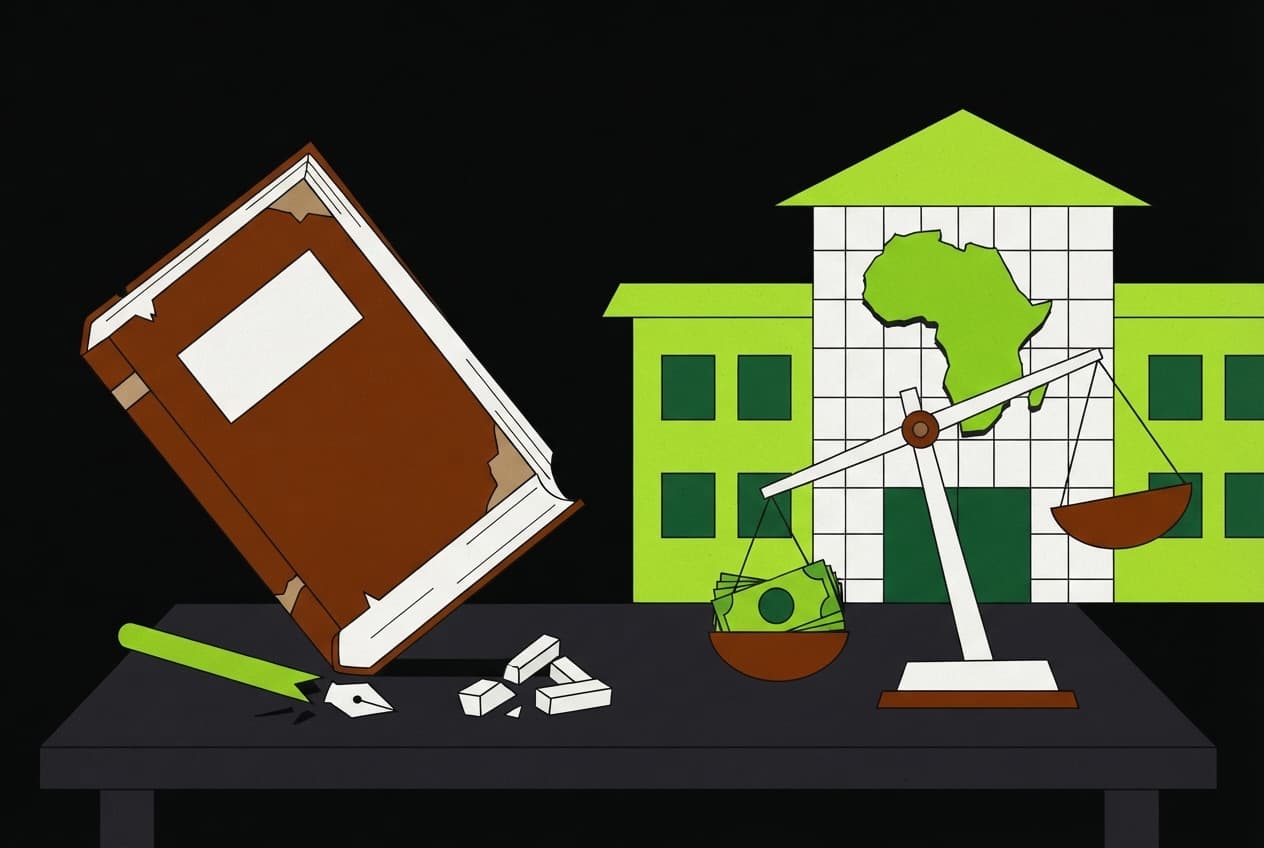 Flat illustration of Stack of currency, Worn textbook, Balance scale, Broken chalk, School building