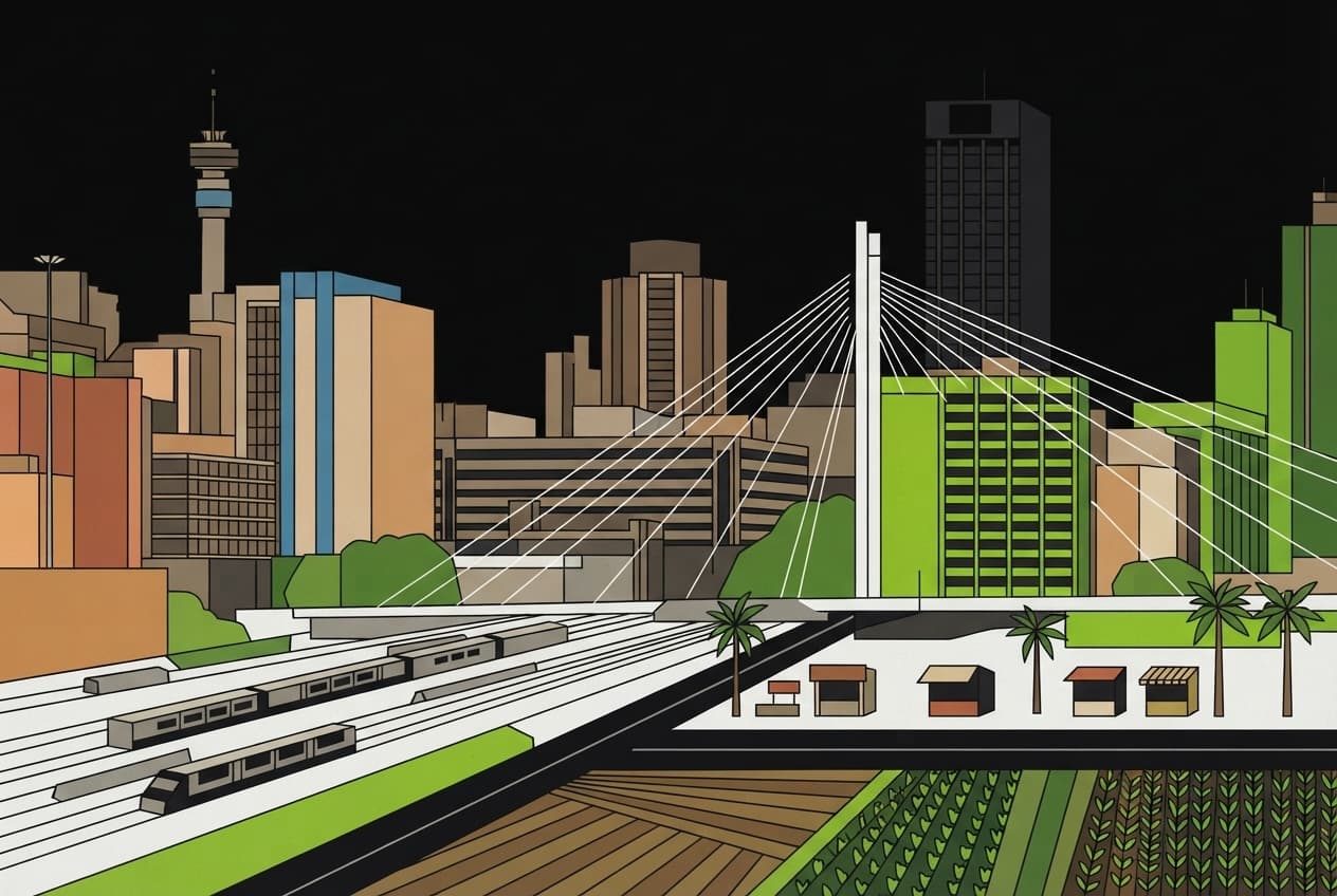 Flat illustration of farmland, market stalls, factory, road, palm trees
