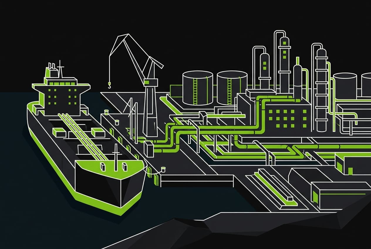 Flat illustration of a refinery with pipelines connecting to an oil tanker docked at a port.