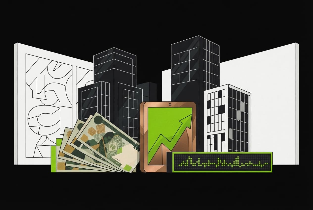 Flat illustration of Naira notes, Stock ticker, Office towers, Digital tablet, Growth chart