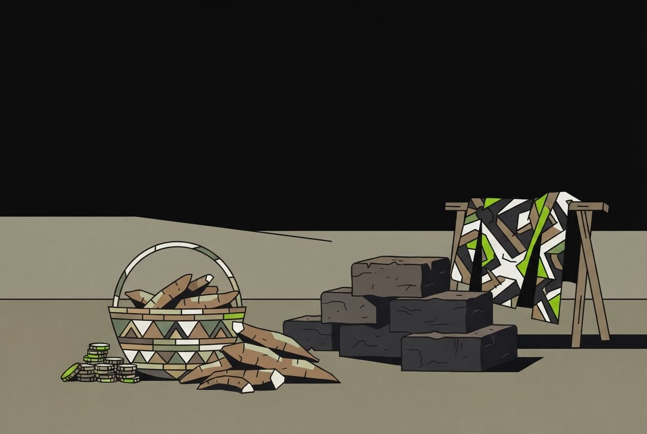 Flat illustration of Woven basket, Cassava root, Small pile of coins, Mud brick, Worn fabric