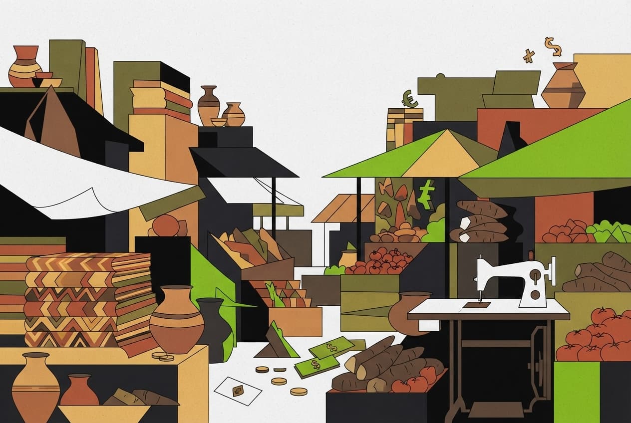 Flat illustration of Woven fabric, clay pot, fresh produce, market stall, coins, sewing machine