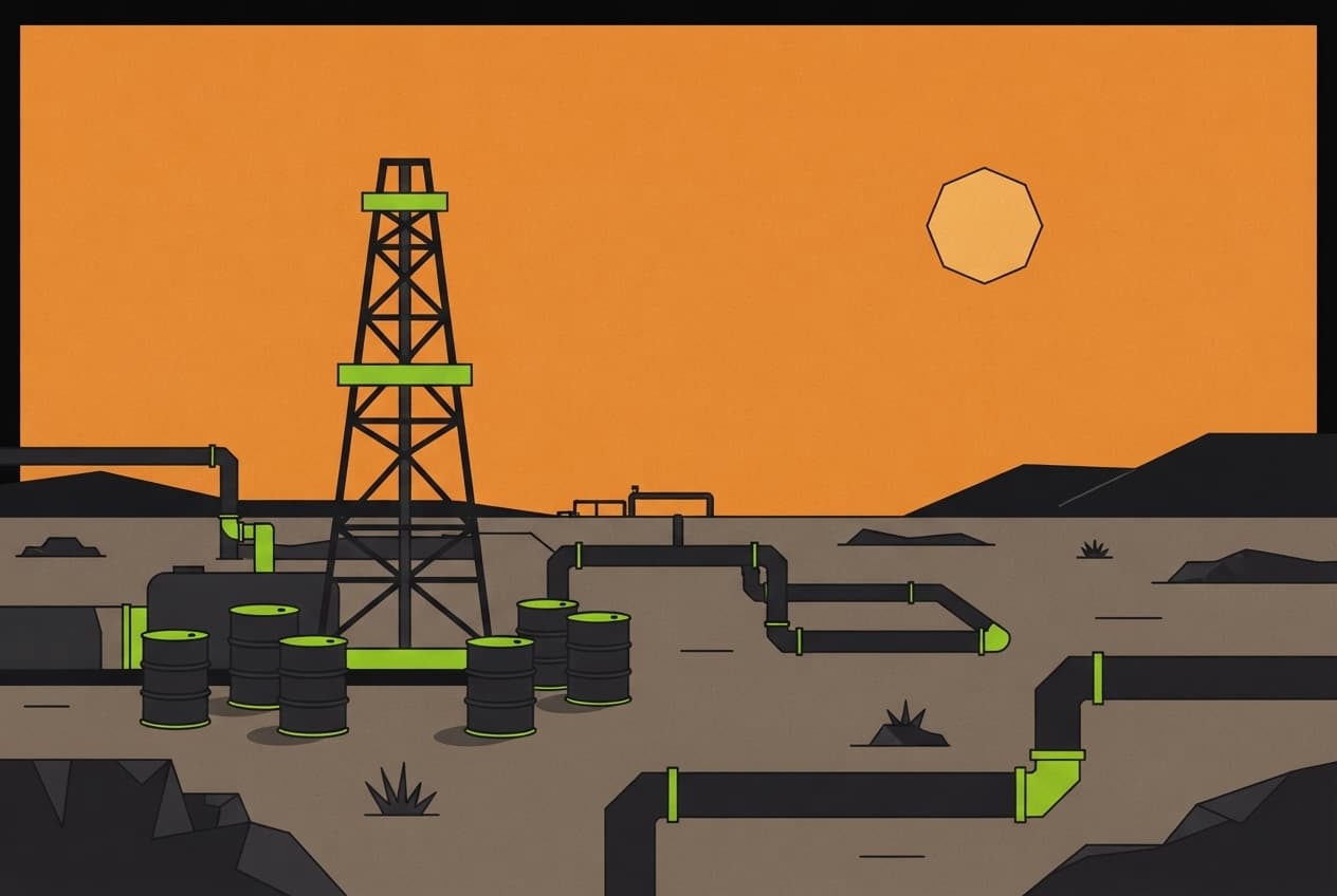 Flat illustration of Oil derrick, Pipeline, Oil barrel, Scrubland, Sun