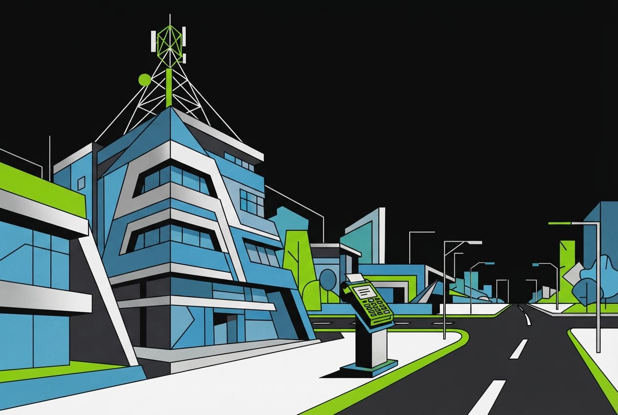 Flat illustration of Modern building, POS terminal, Network antenna, Urban road