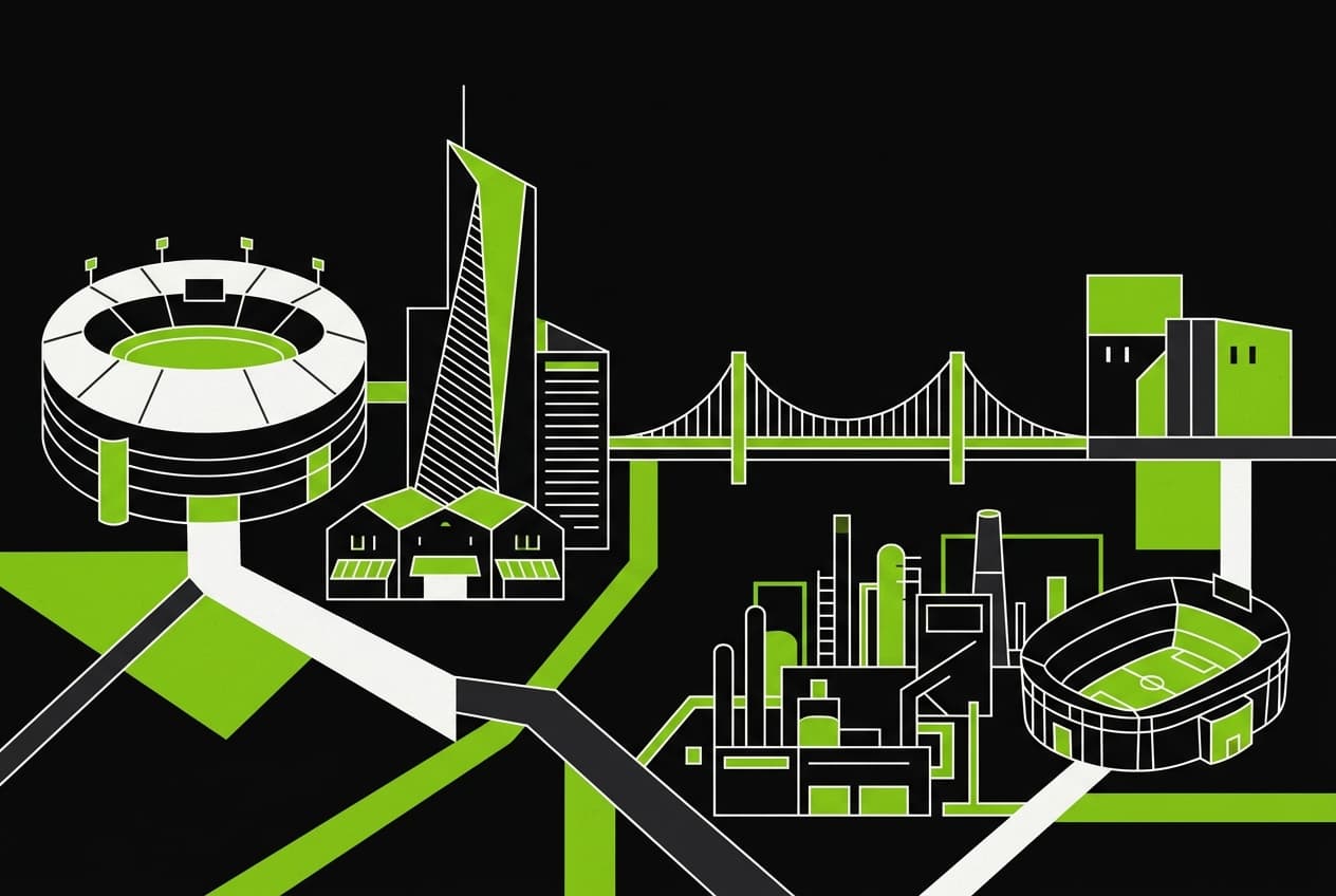 Flat illustration of a stadium, skyscraper, market, bridge, refinery, and another stadium.